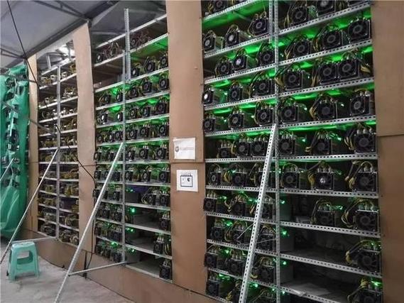 A state-of-the-art crypto mining farm with rows of cooling systems and servers