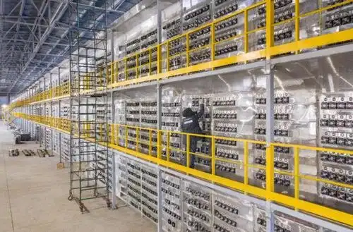 A sprawling cryptocurrency mining farm with multiple operational rigs